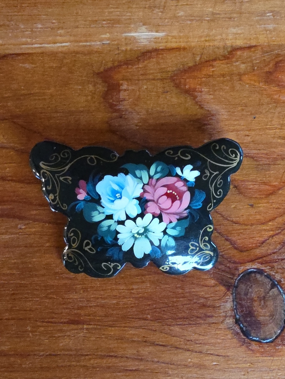 Russian Hand Painted Black Floral Butterfly Pin Brooch